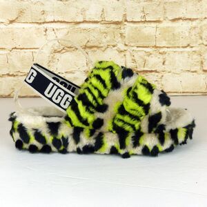 UGG Fluff Yeah Animalia Slippers Women 8 Neon Green Black Leopard Sandals Grunge